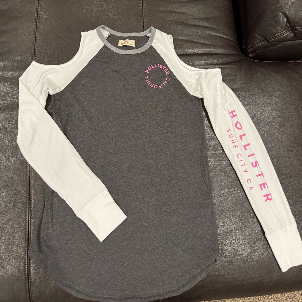 Hollister Cold Shoulder Gray and White Long Sleeve Tee with Pink Accents